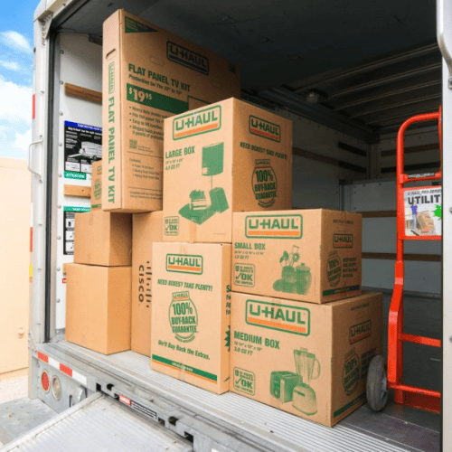 boxes in moving truck.